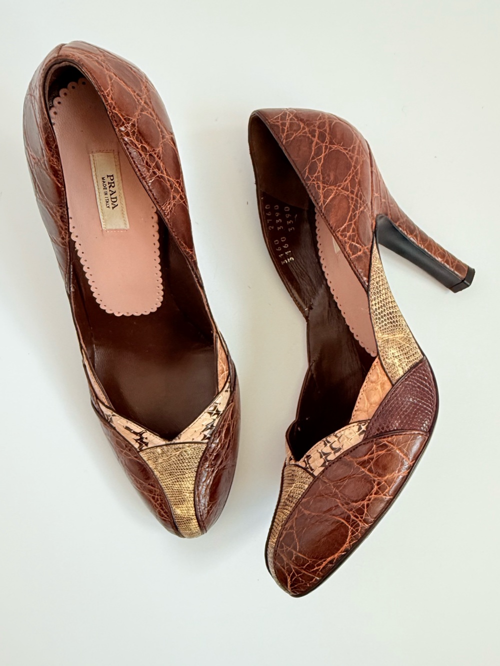 Vintage Prada Y2K Patchwork Exotic Croc Snakeskin Leather Pumps Brown EU 37.5